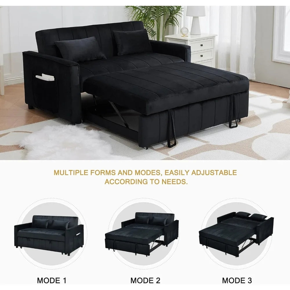 Small Loveseat Sleeper Sofa Bed Velvet Pull Out Couch Bed with Adjustable Backrest and Side Pockets for Living Room, Bedroom