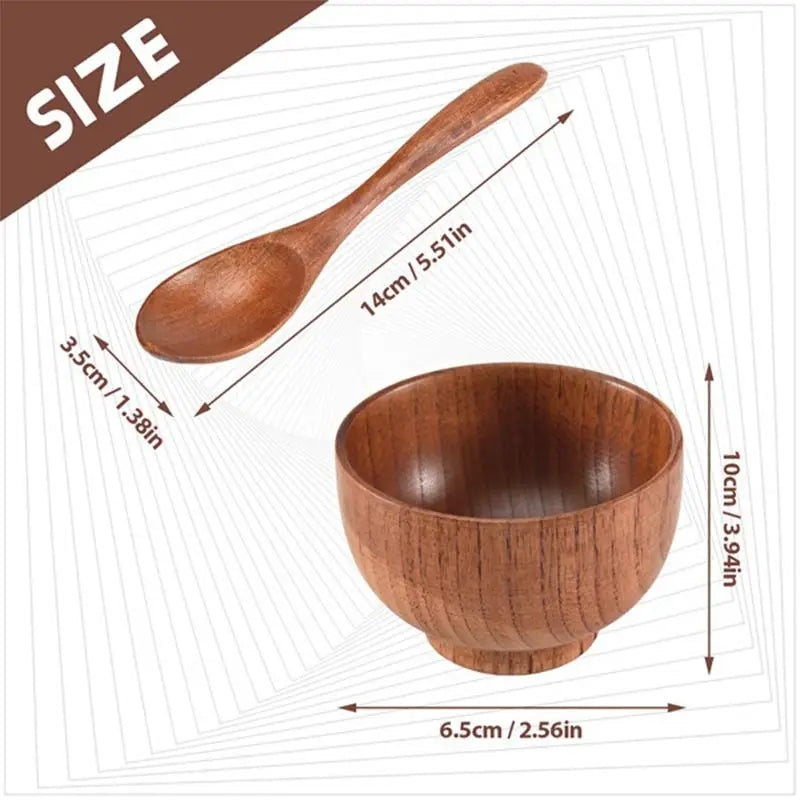 Kitchen Natural Wooden Soup Bowls,Round Fruit Salad Rice Bowls,With Spoon Set Food Containers Bowls,Large Tableware Noodle Bowls
