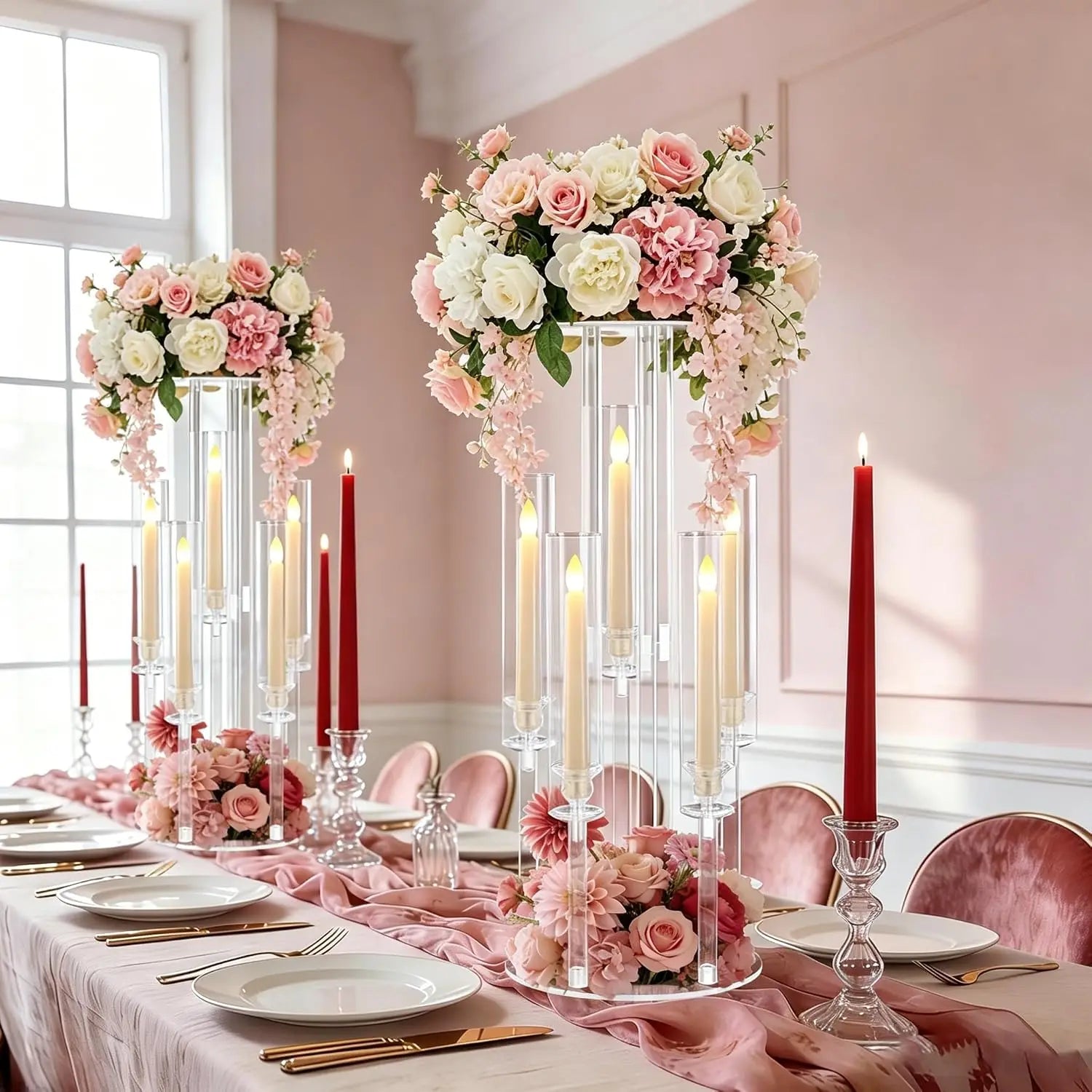 Clear 5-Arm Acrylic Candelabra with Flower Stand & Lampshade, 23.6" Tall Candle Holder for Wedding Table Centerpieces, Fits LED Candles for Party, Banquet, Birthday, Home Event Christmas Decor