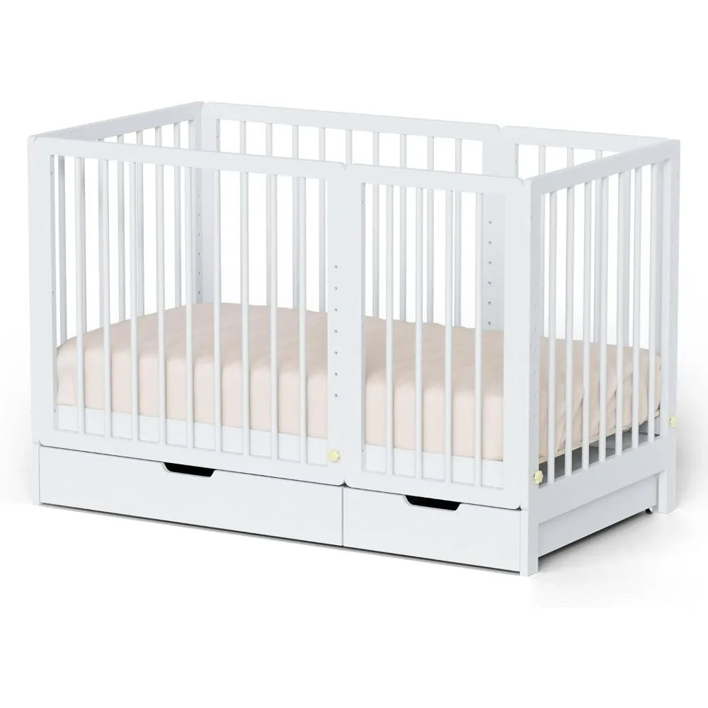 8-in-1 Convertible Crib with Changer, Including 2-Inch Mattress, Transforms into Bassinet, Mid-Sized Crib, Full-Size Crib