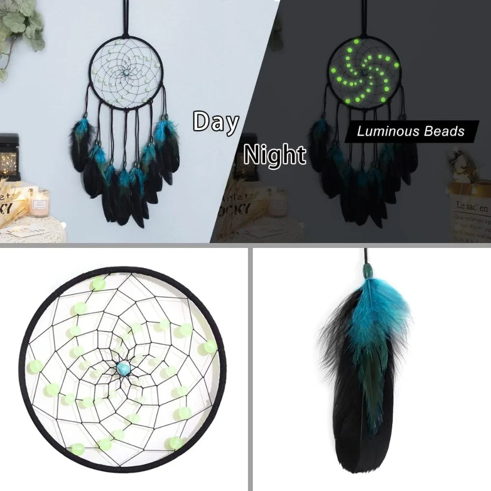 Luminous Beaded Dream Catcher Handmade with Blue Feathers and String Art Wall Hanging for Bedroom Decor Kids Teens Boys Girls Nursery Ornament Good Luck Gift for Birthday Christmas Home Decoration Boho Chic