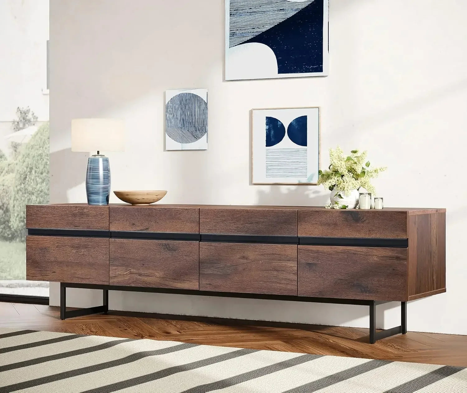 Modern TV Stand for up to 75" TV, Wood Entertainment Center, TV Console Table with Storage Cabinets/ Media Console