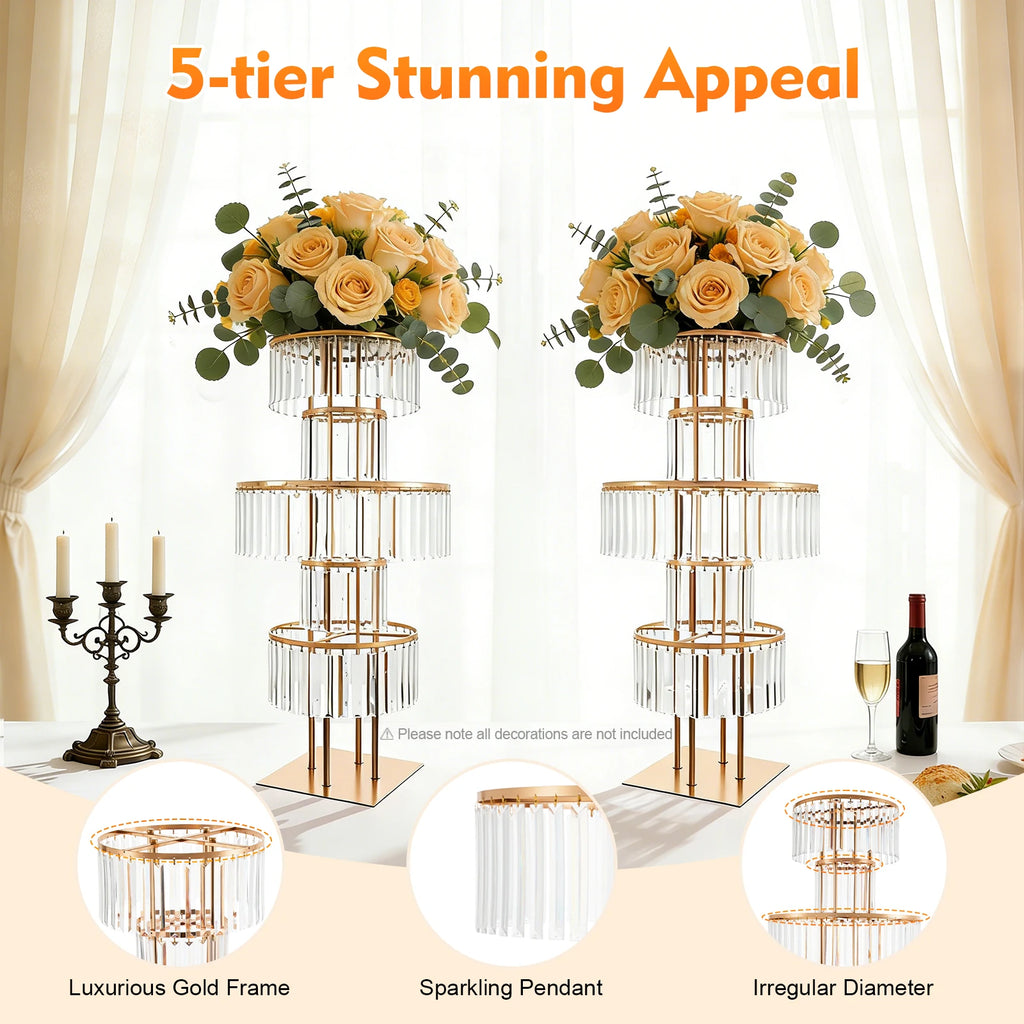 1/2Pcs 5-Tier Gold Acrylic Wedding Flower Stand 110cm Crystal Style Floor Standing Centerpiece for Wedding /Party/ Event Decorations