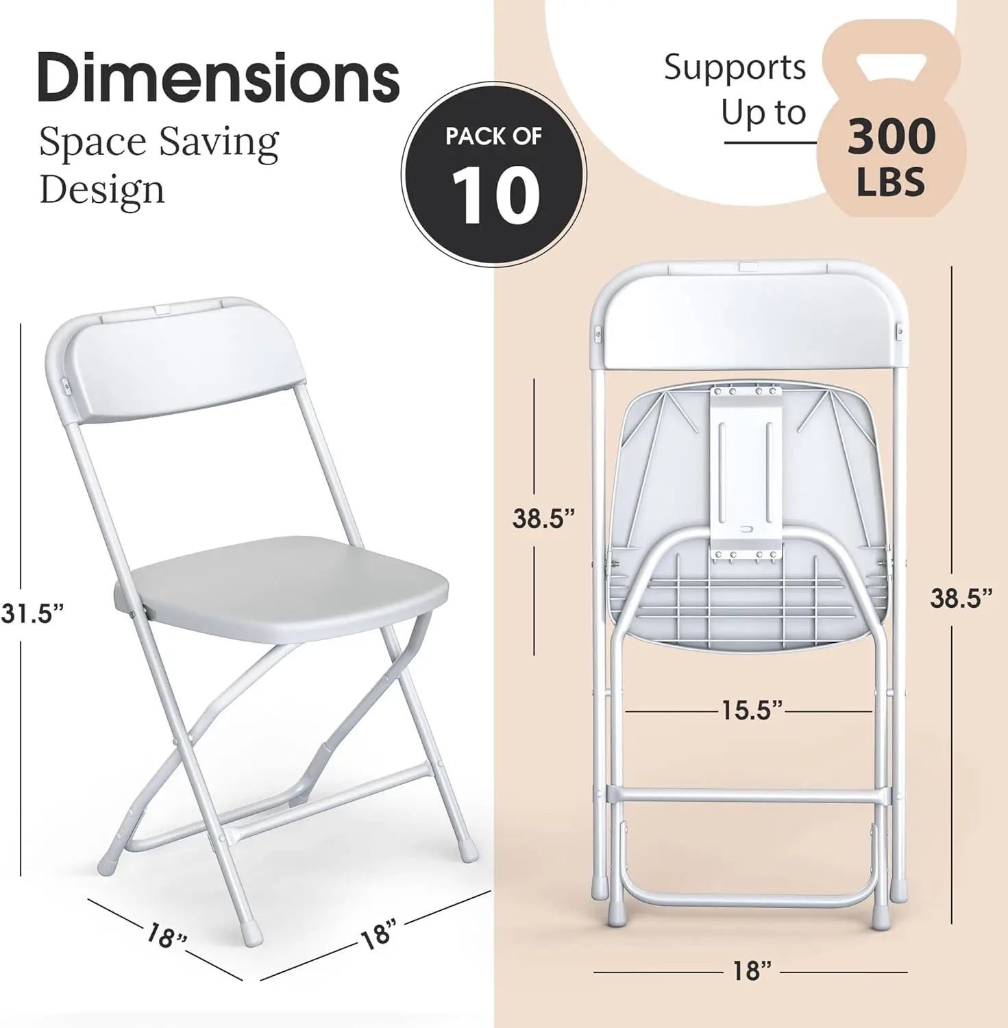 10 PACK White Foldable Plastic Chair, Folding & Stackable350 LBS Capacity, Steel, Frame Seats for Indoor Outdoor
