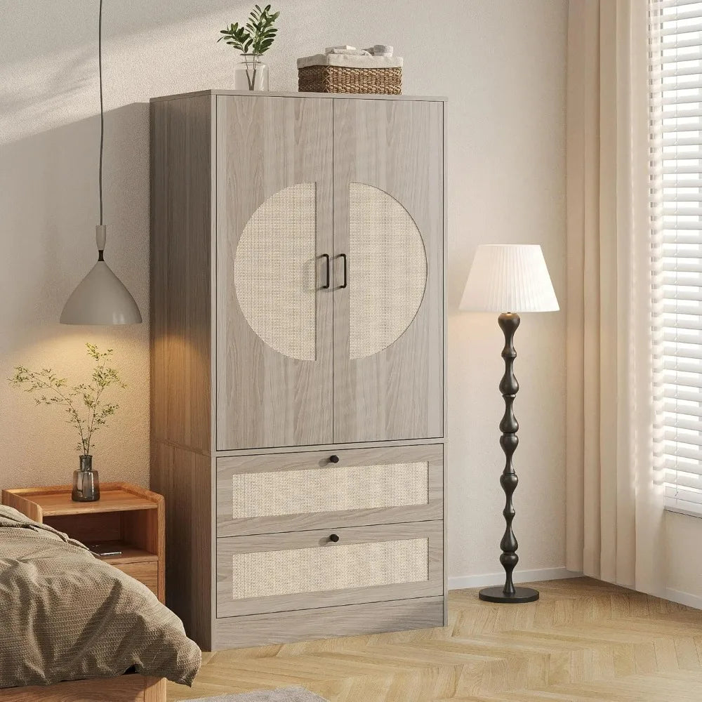 Large Wooden Boho Wardrobe with 2 Drawers, 65" High, Rattan Door Accents, and Hanging Rod for Bedroom