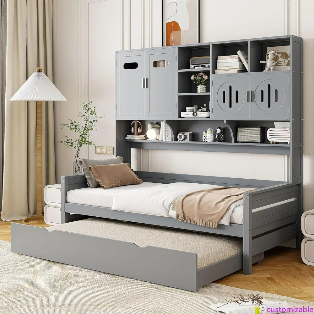 Gray Merax Twin Daybed with Trundle, Bookcase, and Cabinet Shelf Combo
