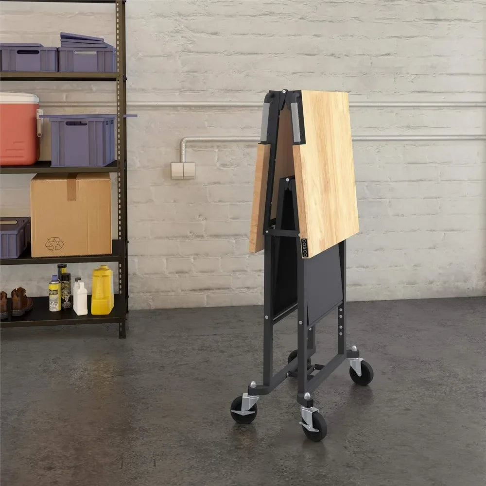 Smart-Fold Butcher Block Portable Workbench / Folding Utility Table Hardwood Top, 700LB Total Weight Capacity, Locking