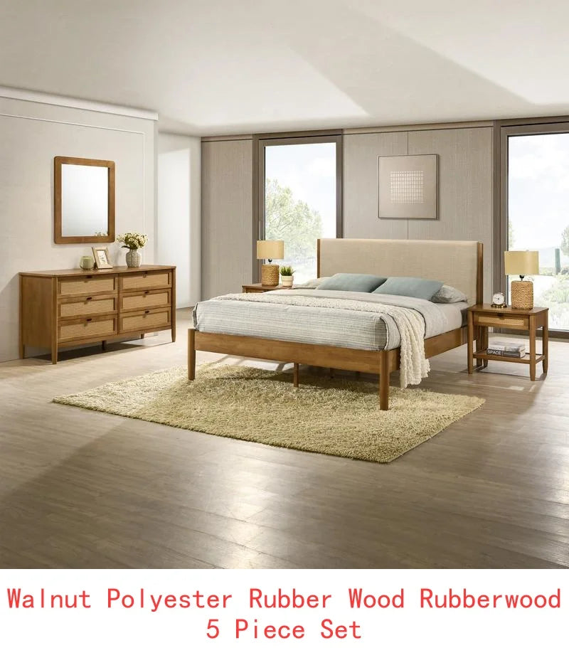 5-Piece Rubberwood Bedroom Set with Upholstered Queen Bed, Dresser, Mirror & 2 Nightstands