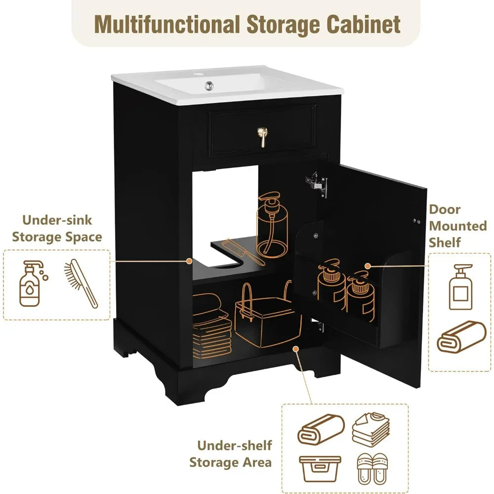 Contemporary 20-Inch Bathroom Vanity Set with Single Sink, Solid Wood Cabinet, Soft Closing Door and Adjustable Features