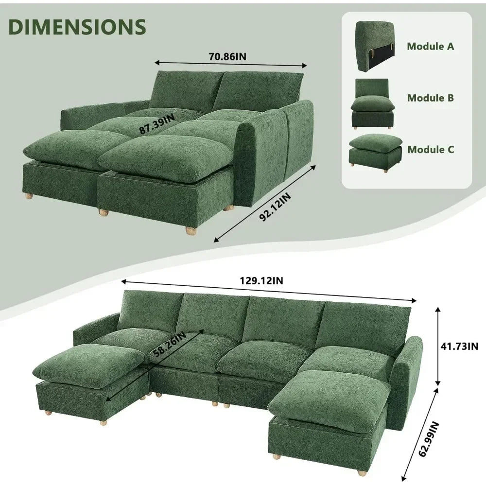 Chenille Modular Sectional Sofa, U Shaped Cloud Couch with Chaise for Living Room, Convertible Sectional Sofa Customized