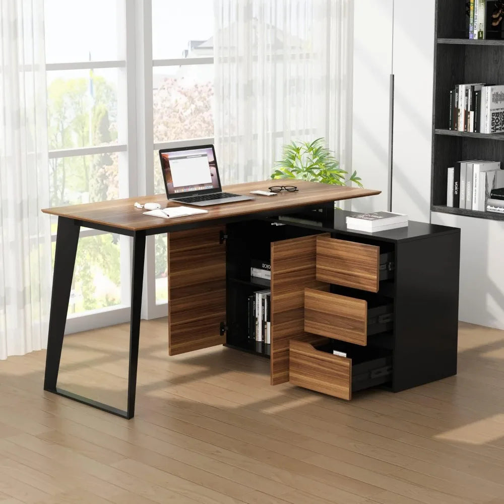 Corner Computer Desk with 3 Drawers, 2 Shelves & 2 Doors - 55" L-Shaped Desk for Study and Writing