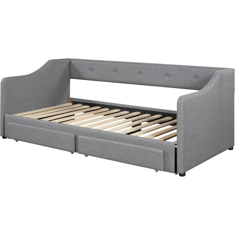 Merax Linen-Covered Daybed with Trundle and Storage Drawers, Twin/ XL to King Wooden Bed Frame with Buttoned Back for Living Space
