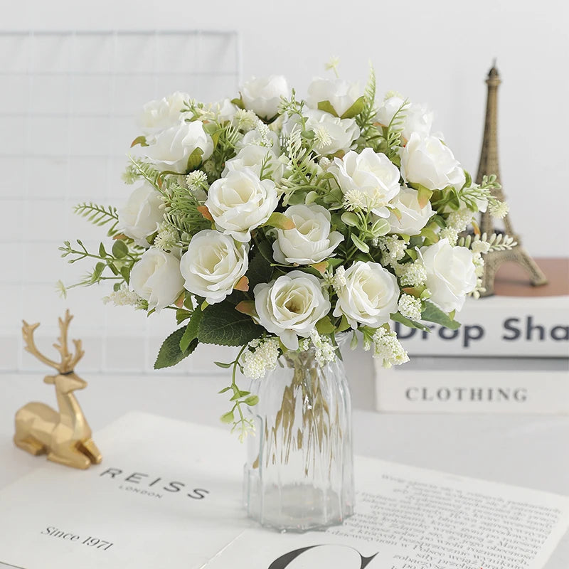 30cm Rose White Silk Bouquet/ Peony Artificial Flower/ 5 Big Head 4 Small Bud/ Wedding Brides/ Home Decoration Artificial Flower