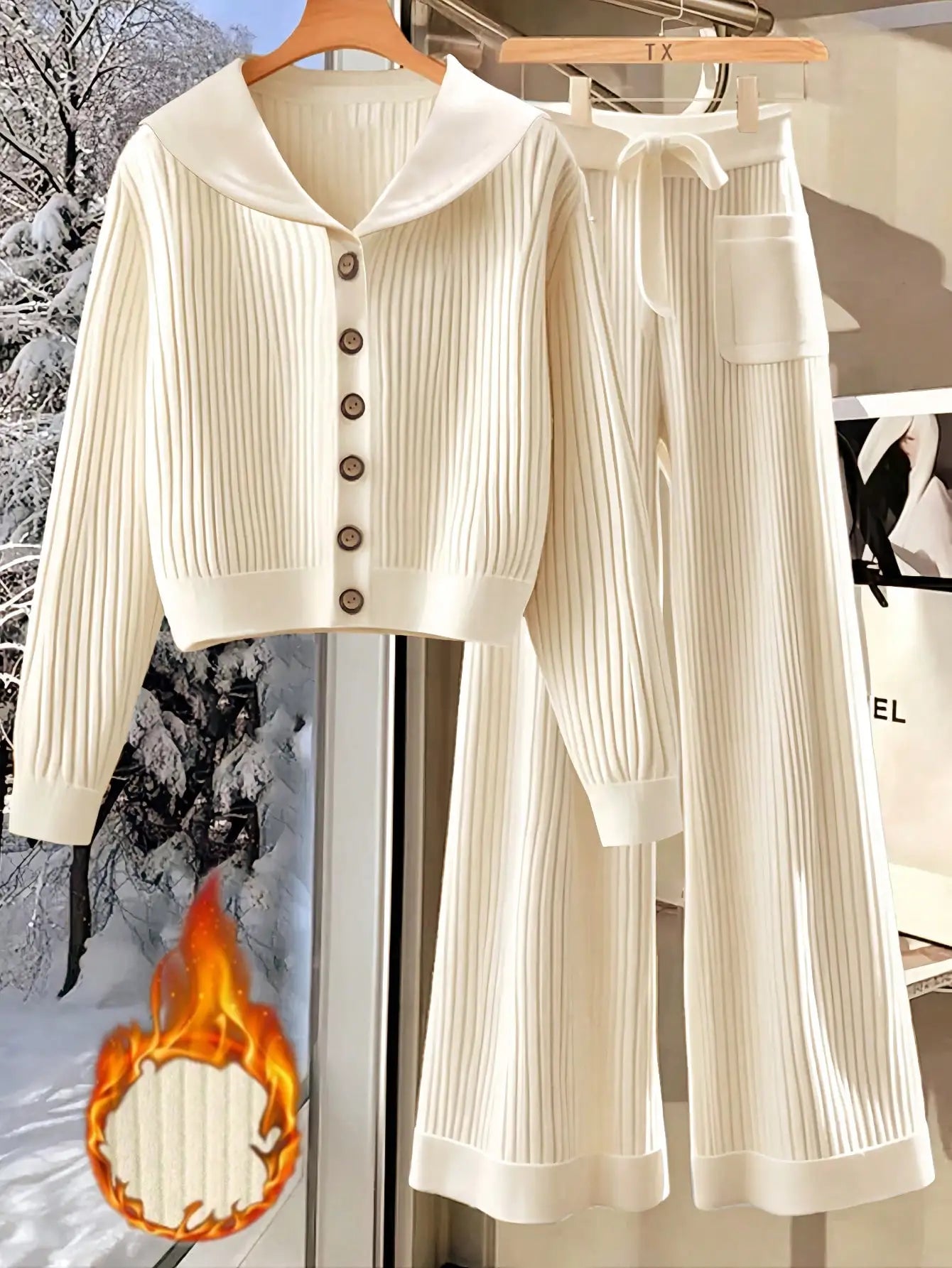 Airaco Women's Casual Solid Color Front Button Sweatshirt And Pants 2 Pieces Set, Autumn/Winter