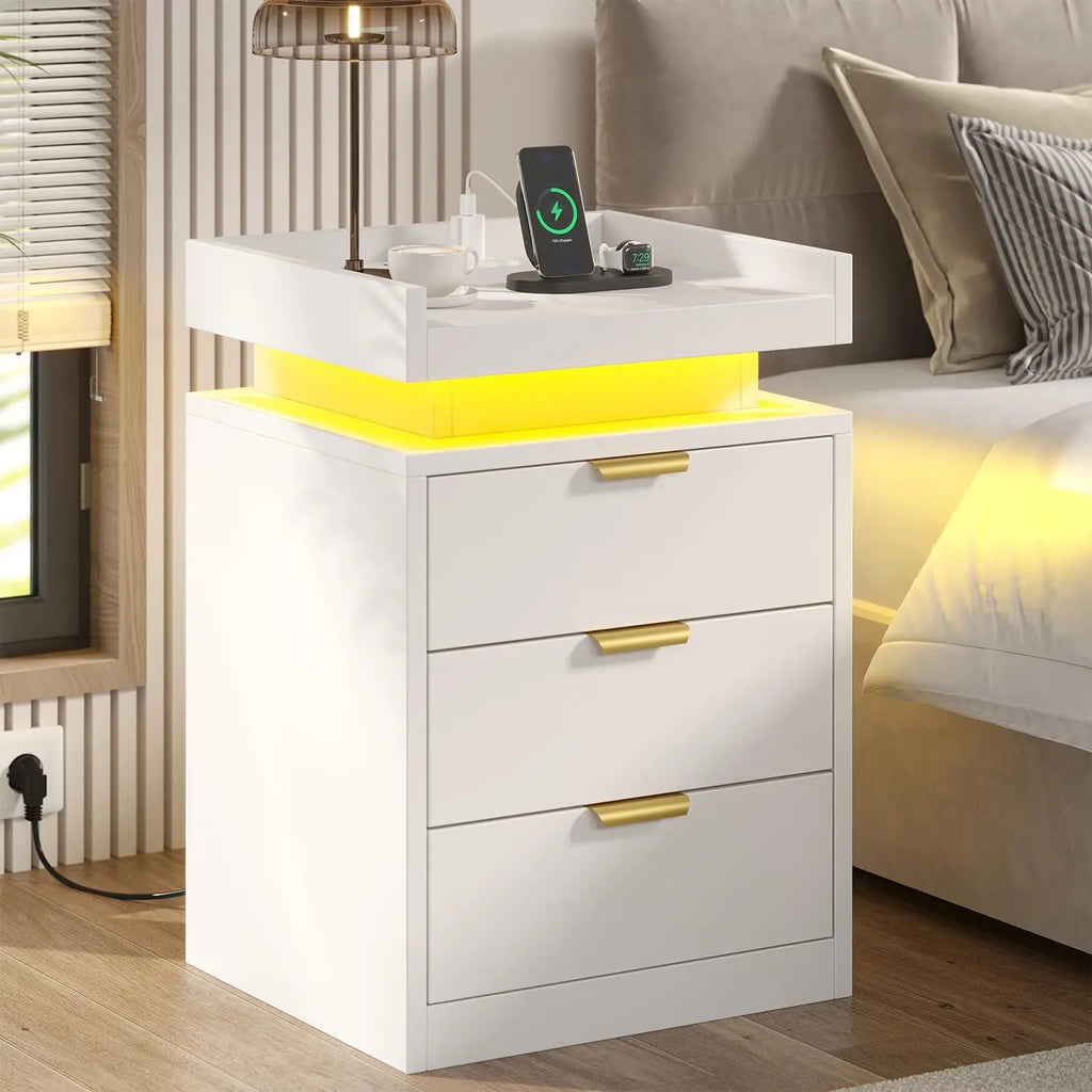 LED End Tables, Set of 2 with Charging Station USB Ports, 3-Drawer Table