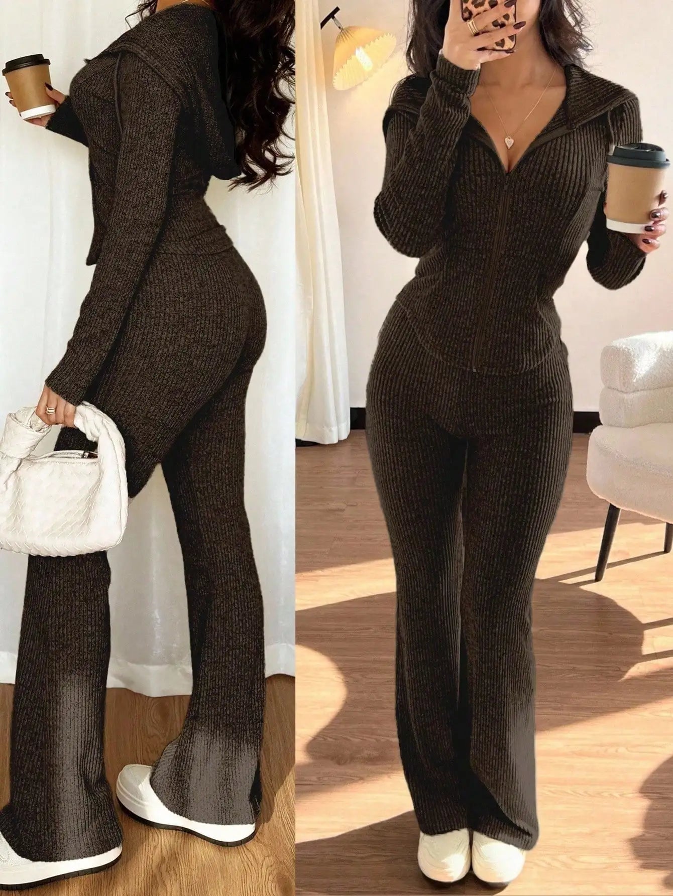Women's Ribbed Knit Hooded Zip-Up Sweatshirt & Flare Pants/ 2-Piece Set for Autumn/ Winter/ Casual Wear