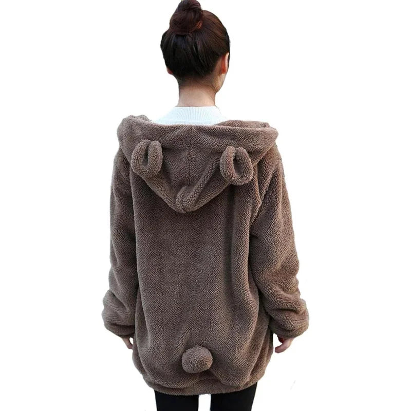 Fluffy Kawaii Bunny/Bear Hoodie Ears&Tail Animal Top/ Cute Rabbit Zip Jacket Winter Women/ Girl Sweet Sweater Coat