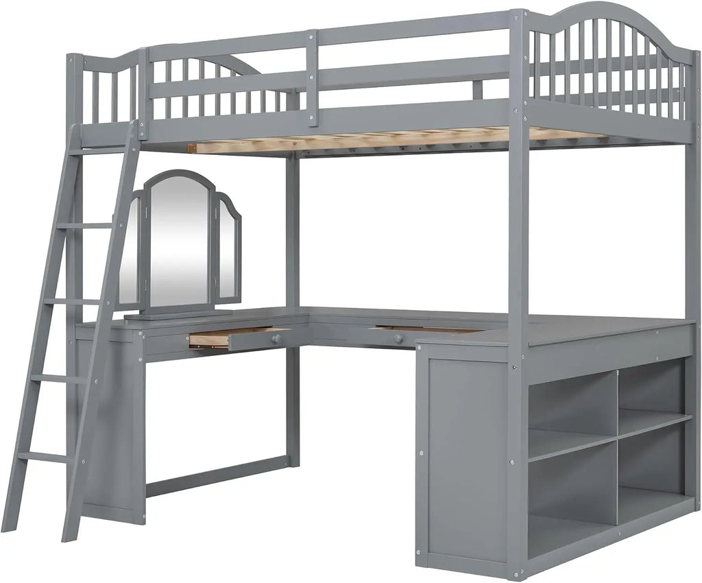 Full Size Loft Bed with U-Shaped Desk, Storage Shelves, Tri-Fold Mirror for Kids Teens (Gray)