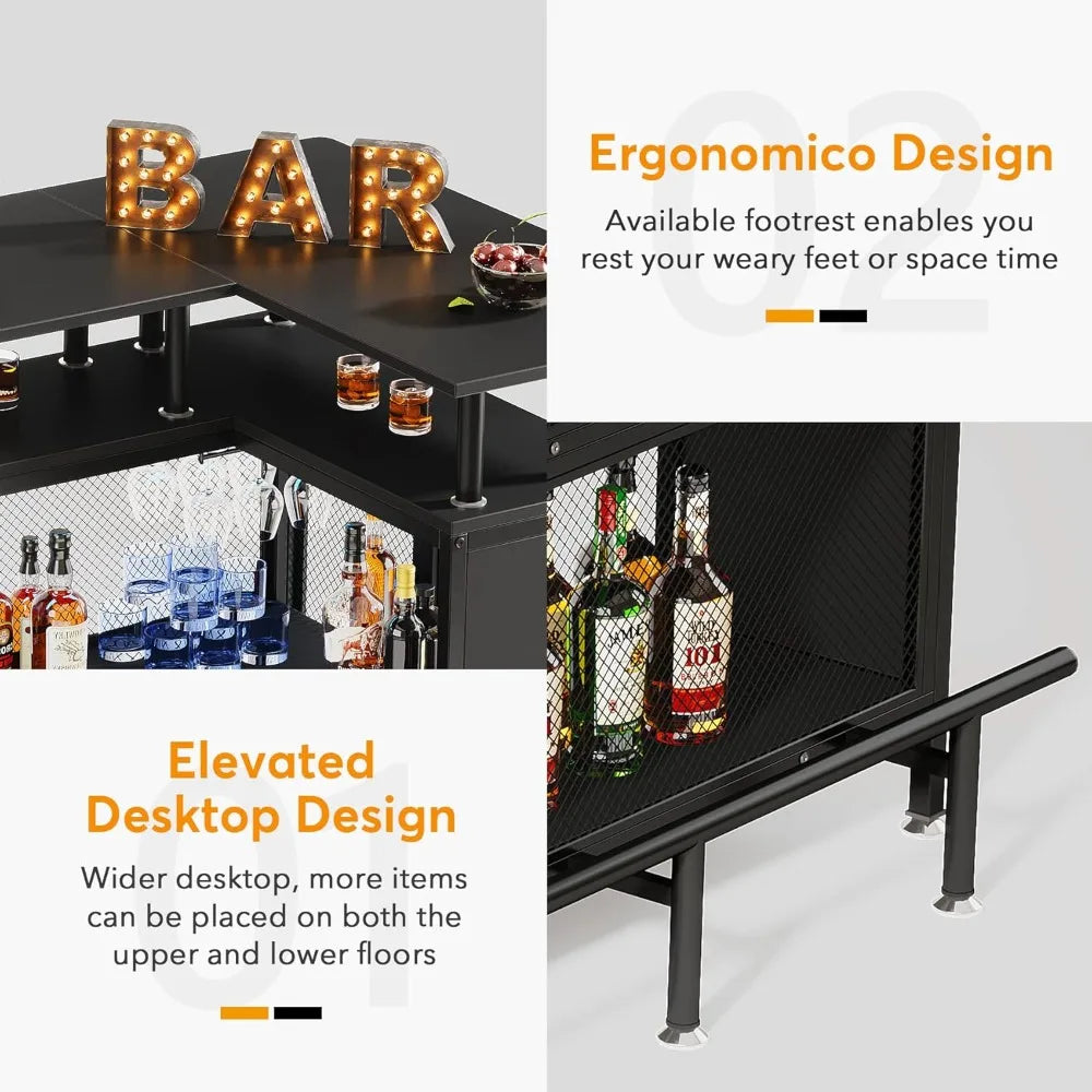 Home Bar Unit, L-Shaped Bar Table with Stemware Racks and 2-Tier Shelves, Corner Mini Coffee Liquor Cabinet with Footrest