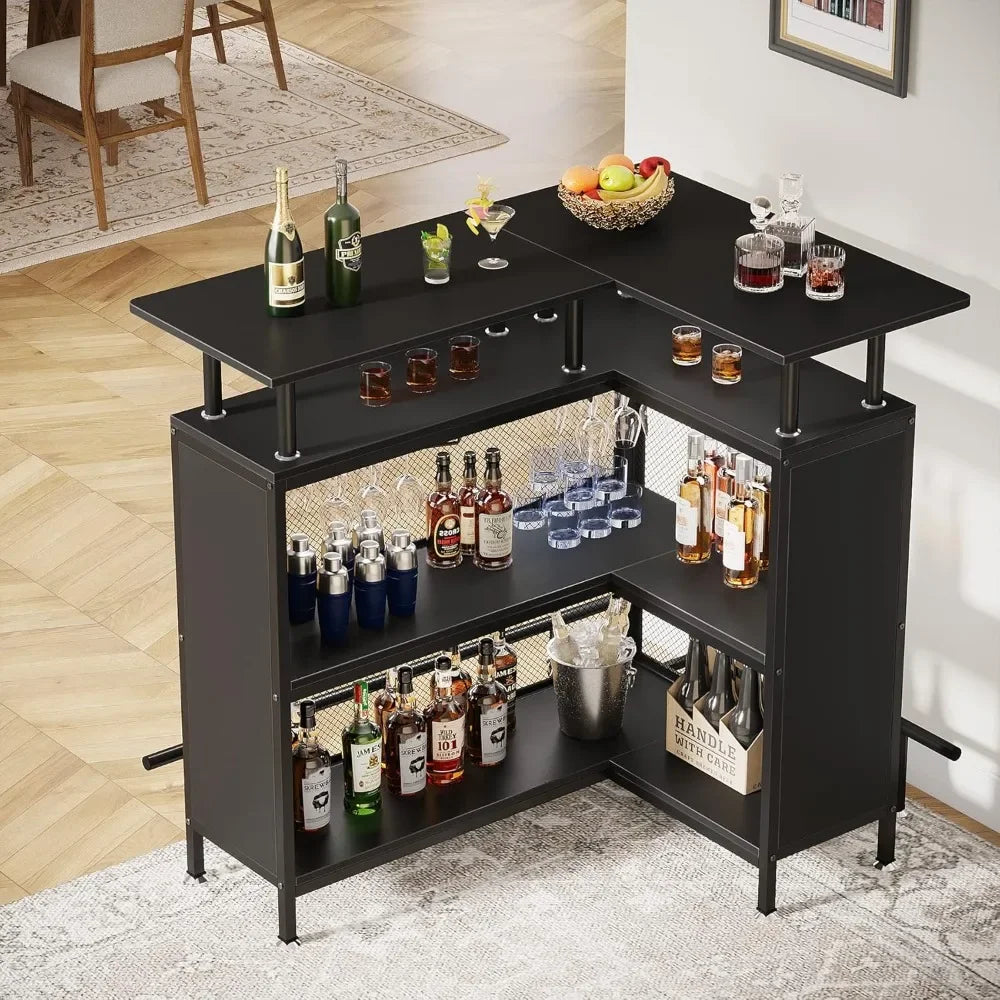 Home Bar Unit, L-Shaped Bar Table with Stemware Racks and 2-Tier Shelves, Corner Mini Coffee Liquor Cabinet with Footrest