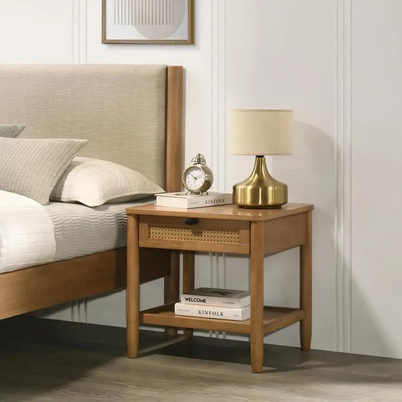 5-Piece Rubberwood Bedroom Set with Upholstered Queen Bed, Dresser, Mirror & 2 Nightstands