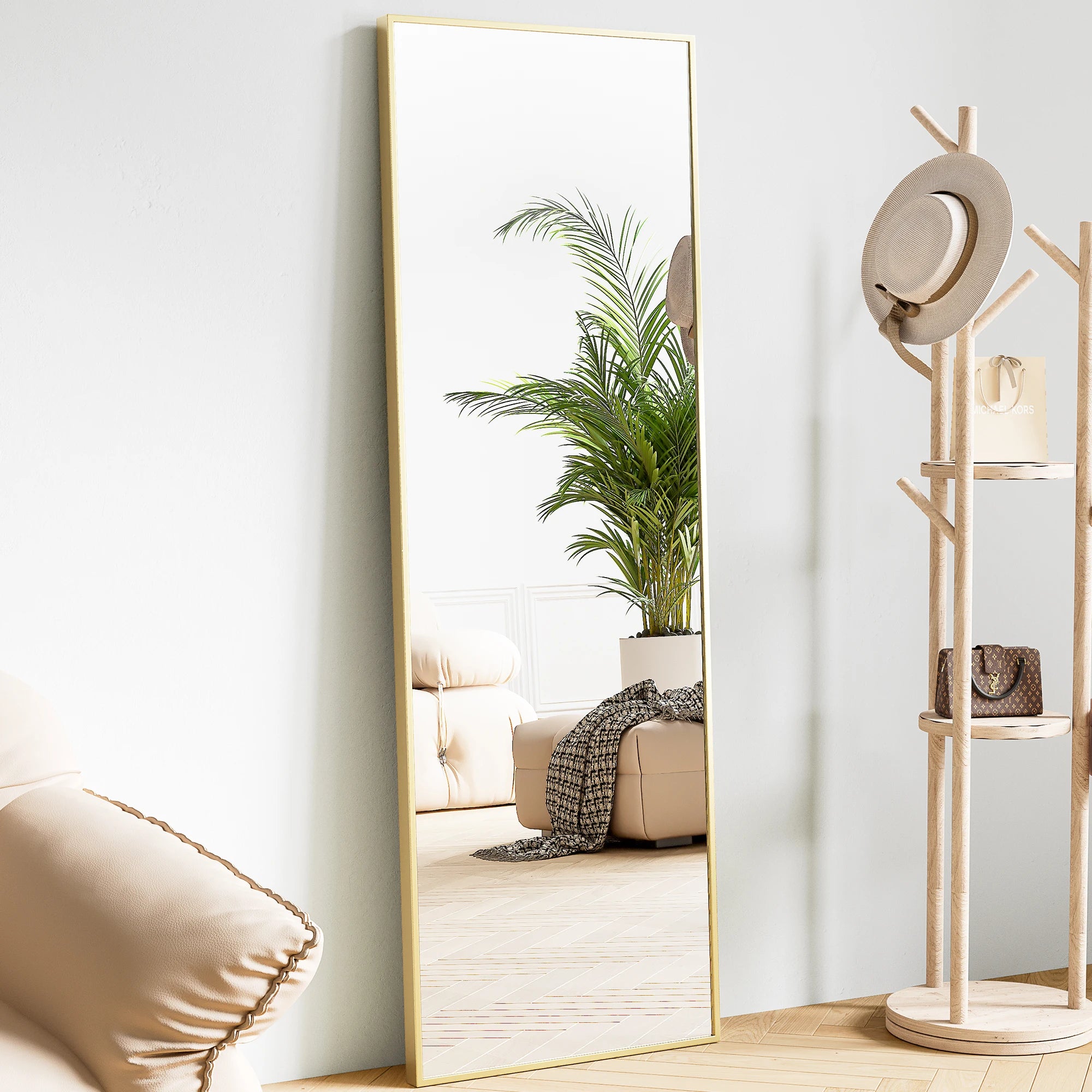 64"x21" Full Body Wall Mirror Standing, Hanging, or Leaning Wall-Mounted Mirrors with Stand Aluminum Alloy Frame/ Living Room