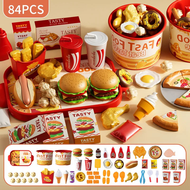 Kid Kitchen Toy Set /Simulation/ Make Hamburgers, Pizza, Fries, Pretend Play Food Cooking/ Cutting Game/ Montessori Interactive Toy Gift