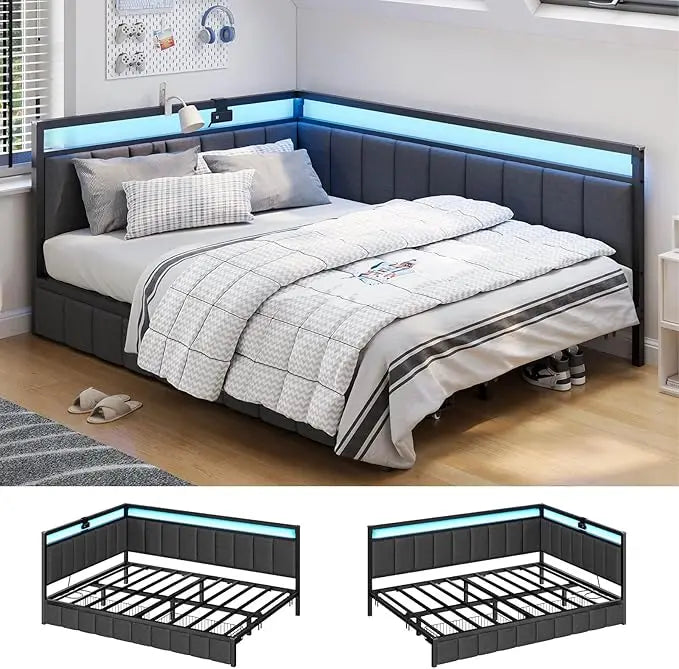 Corner Bed Frame with Storage Drawers, Full Daybed with Lined Fabric Upholstered Fence, Kids Bed Unit with LED Lights & Charger