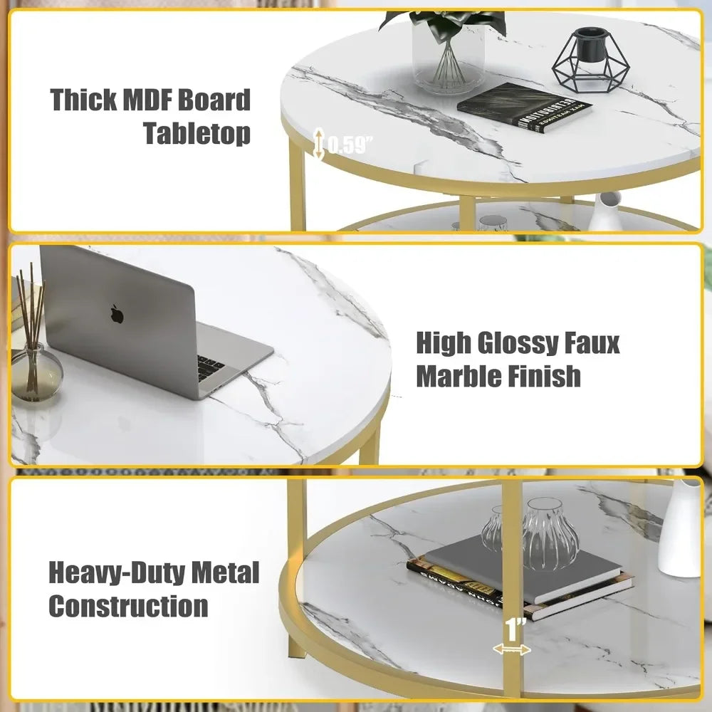 33.5" Round Coffee Table/  Coffee Table Room/ High Glossy Faux Marble Top /Circle Table Sturdy Gold Frame Legs/ Cocktail Table