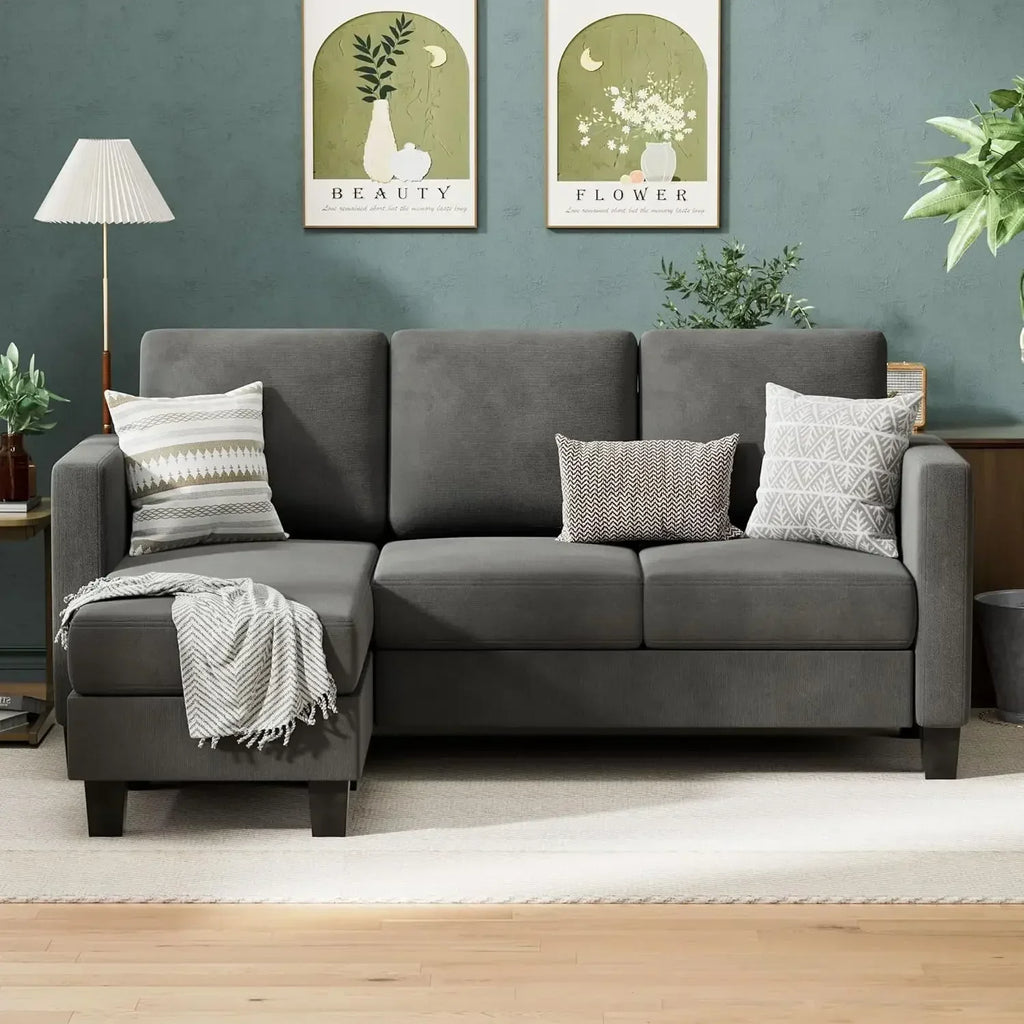 The New-Convertible Sectional Sofa Couch, 3 Seat L-Shaped Sofa With Linen Fabric Ottoman Small Couch For Small Apartments, Dark