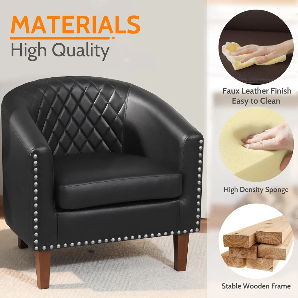 Barrel Chair Set of 2, Comfy Accent Chair, Faux Leather Club Chairs with Cushion, Nail Head Trim, Black