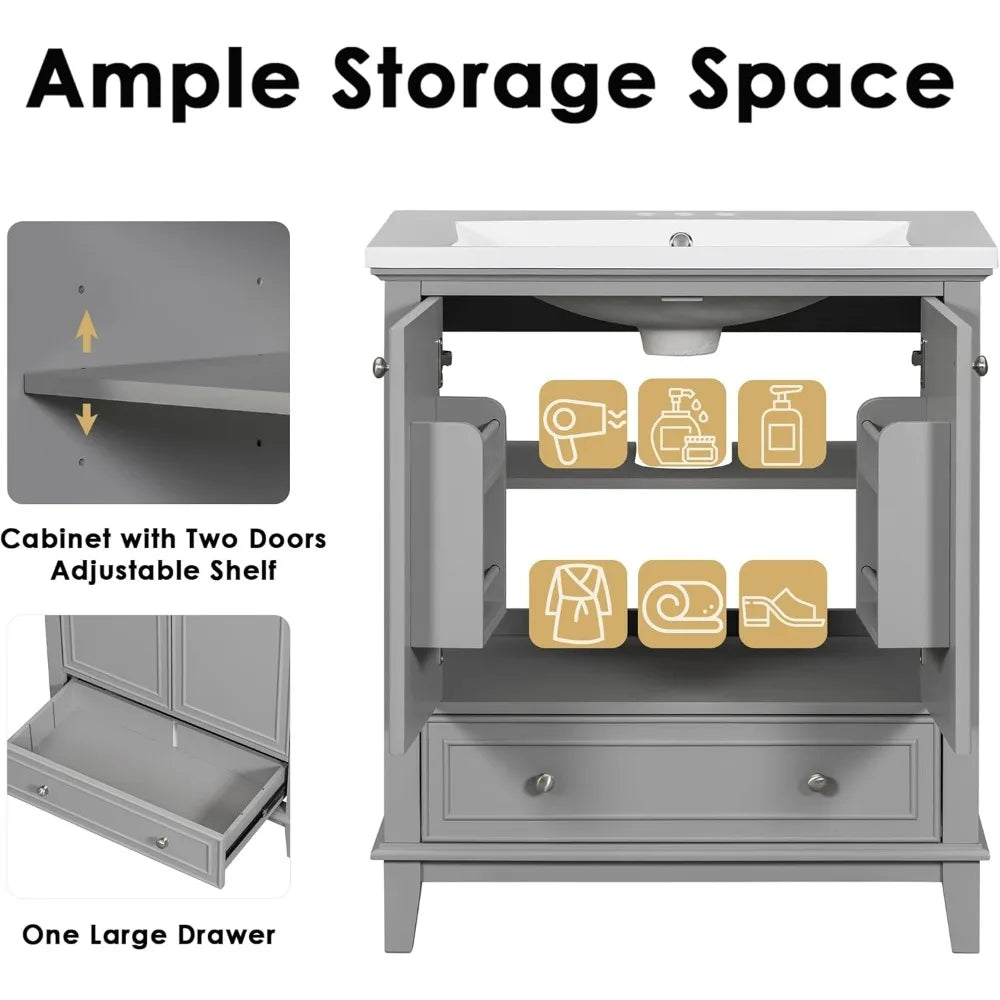 Modern 30-inch Bathroom Vanity with Undermount Sink, Storage Cabinet, Multi-Functional Drawers, and Adjustable Shelves