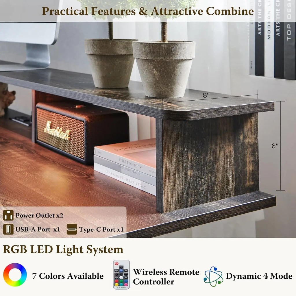 48" Gaming Desk, Electric Standing Desk with Height Adjustable, Power Outlets, LED Lights, Keyboard Tray, and Monitor Shelf