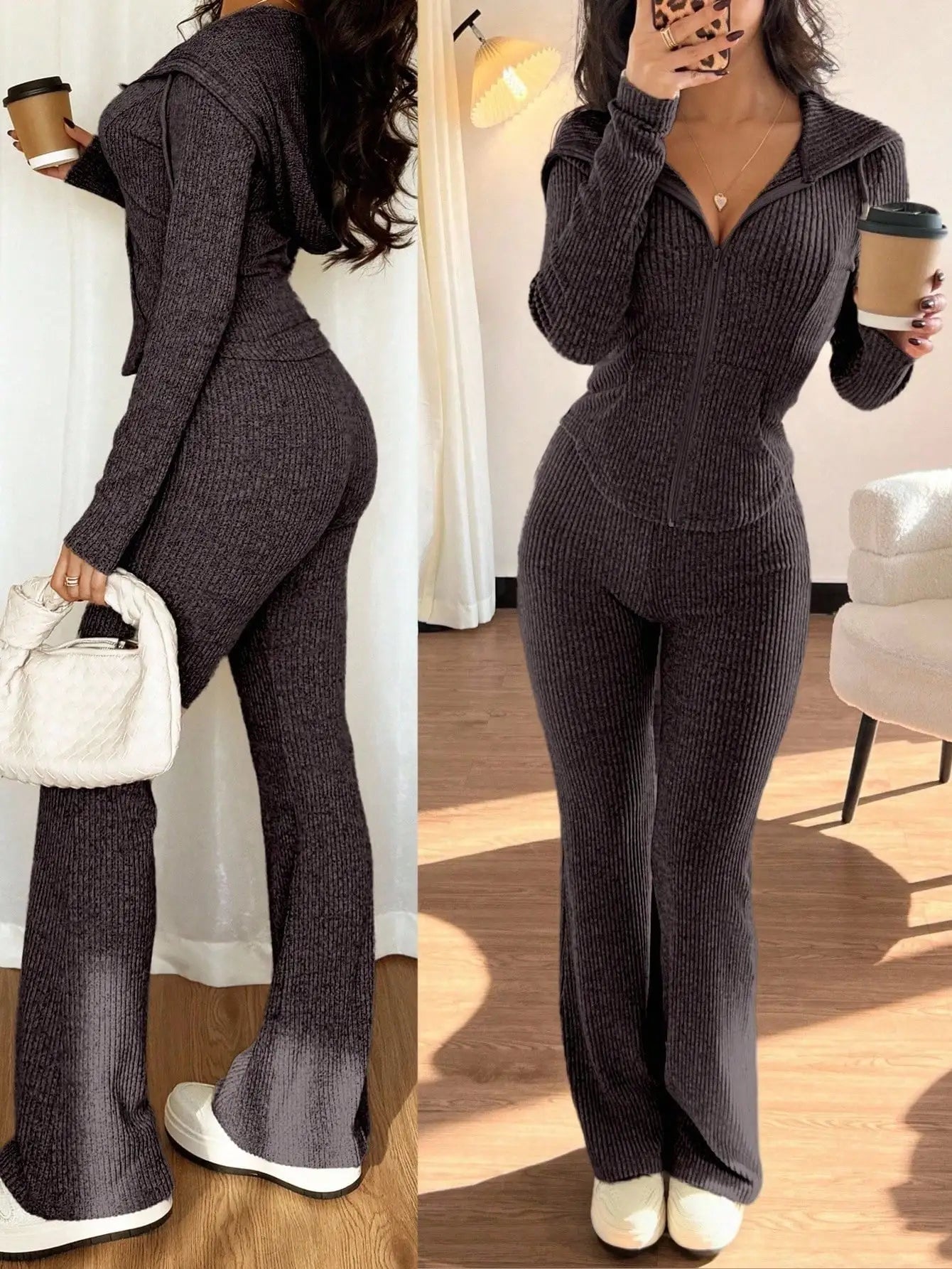 Women's Ribbed Knit Hooded Zip-Up Sweatshirt & Flare Pants/ 2-Piece Set for Autumn/ Winter/ Casual Wear