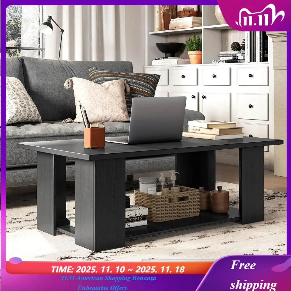 2-Tier Coffee Table, Modern Rectangular Center Cocktail Table with 5 Support Legs, Wooden Accent Living Room Furniture