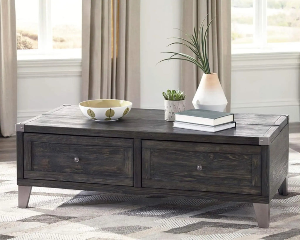 Industrial Rectangular Lift Top Coffee Table with 2 Storage Drawers, Dark Gray with Weathered Pine Finish
