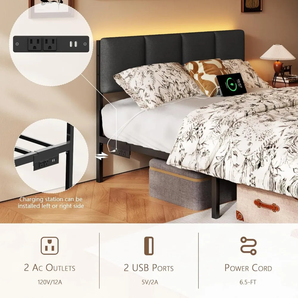 Bed Frame with Headboard, Bed Full with LED Light, USB Charging Station, Platform Bedframe with 2 Fabric Underbed Storage