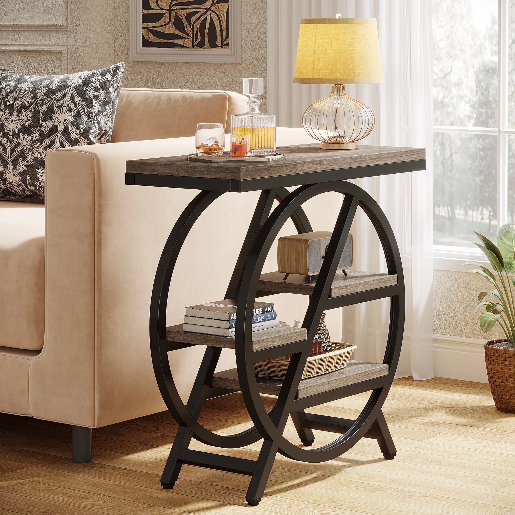 Tribesigns End Table for Living Room, 3-Tier Narrow Side Table with Storage, Wood Sofa Side Table with Geometric Metal Frame