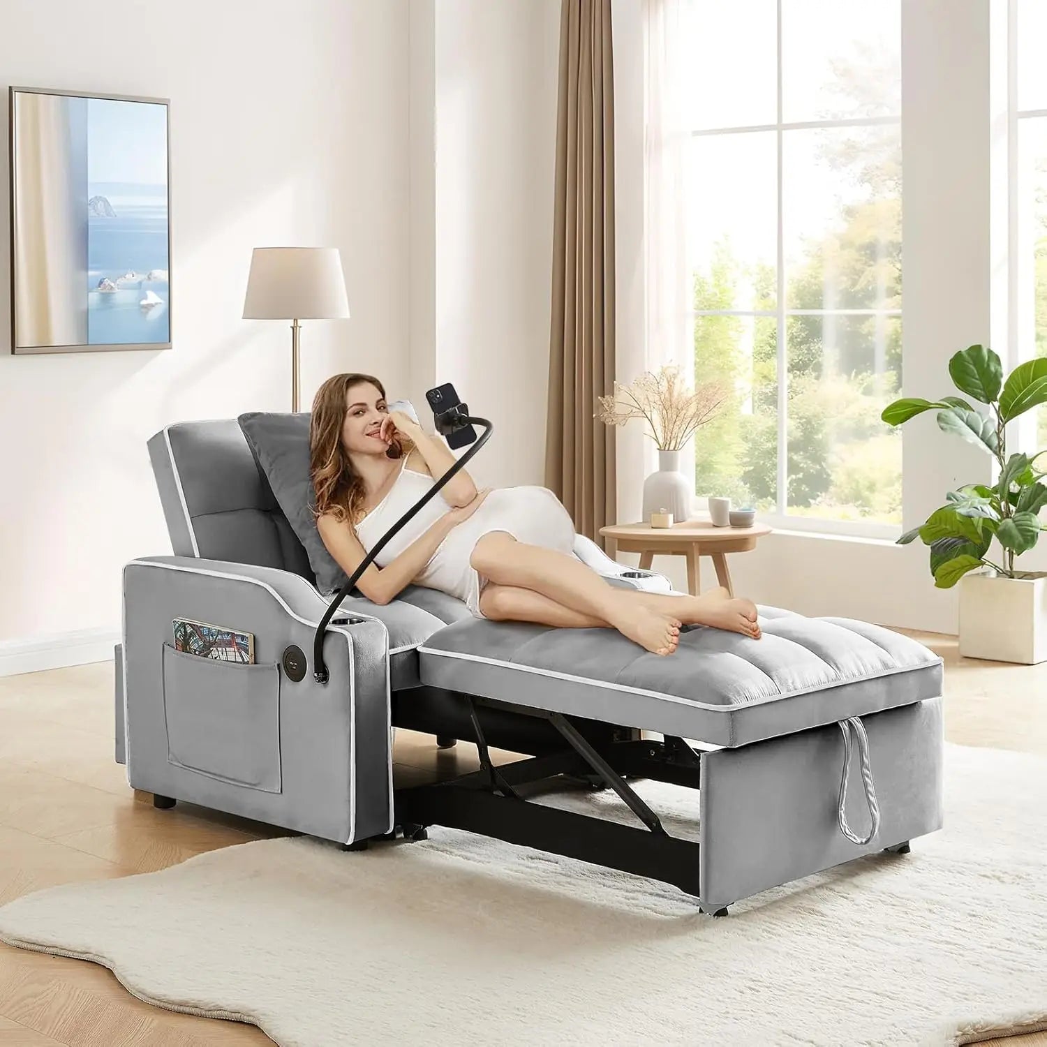 1 Velvet Single Small Futon Sofa Bed with Phone Holder & USB Ports, Pull Out Couch Recliner with Adjustable Backrest Room