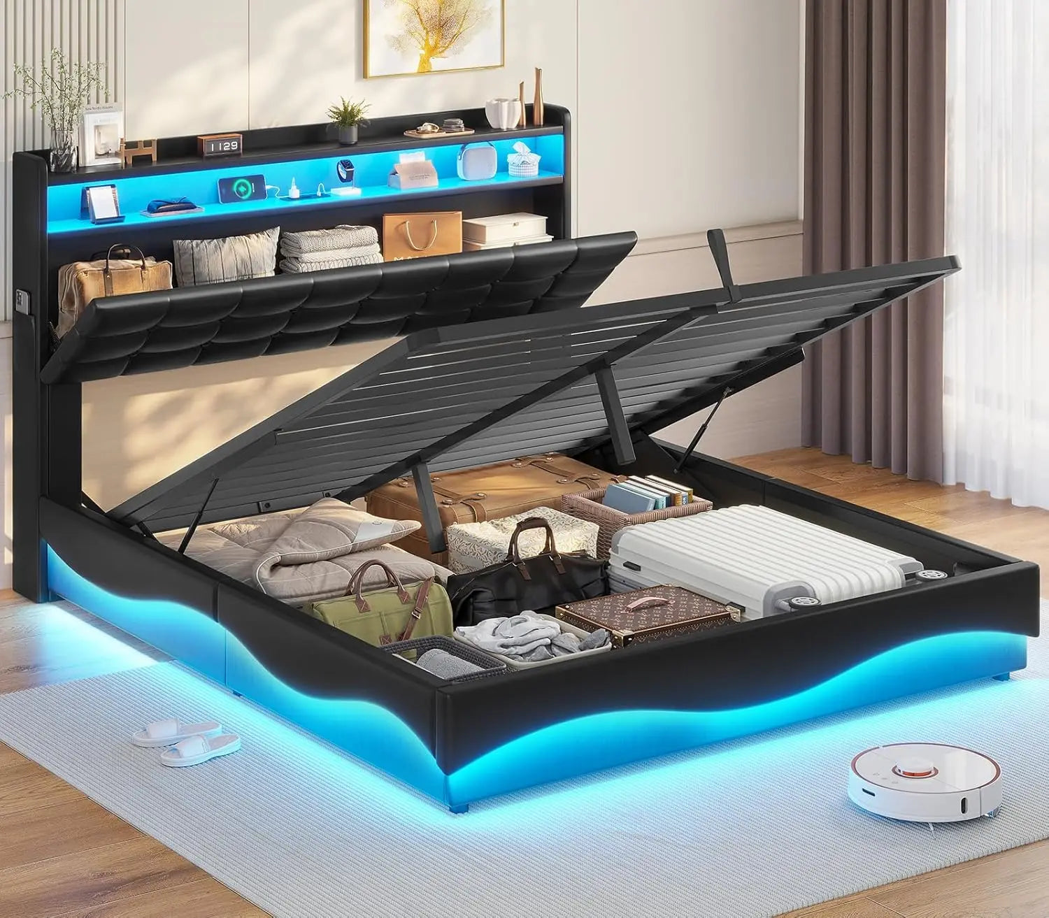 Lift Up Storage Queen Bed Frame with Type-C Charging Station & Hidden Storage Headboard, LED Lights Upholstered Platform
