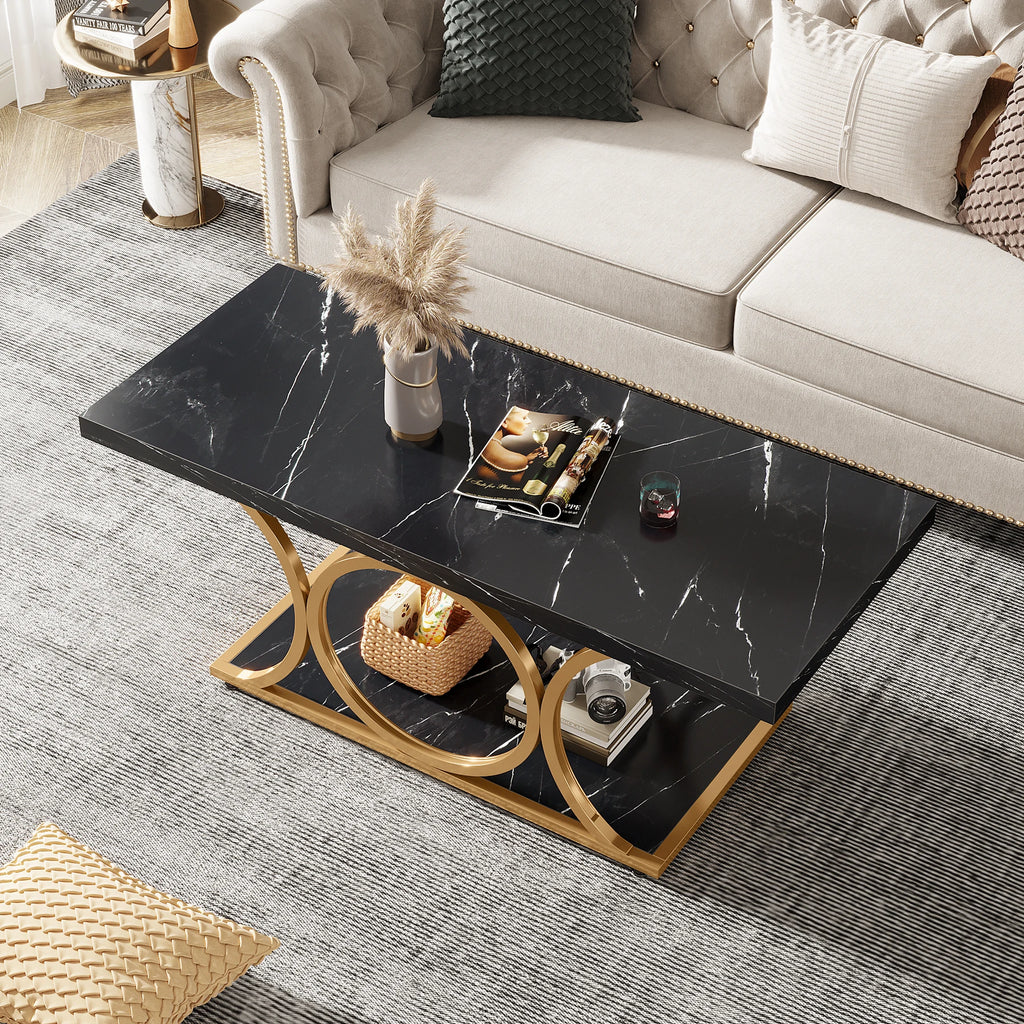 Rectangle Coffee Table, 2-Tier Faux Marble Wood