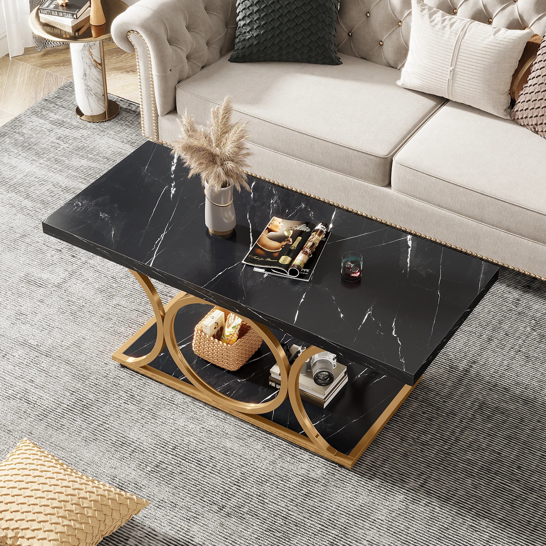 Rectangle Coffee Table, 2-Tier Faux Marble Wood