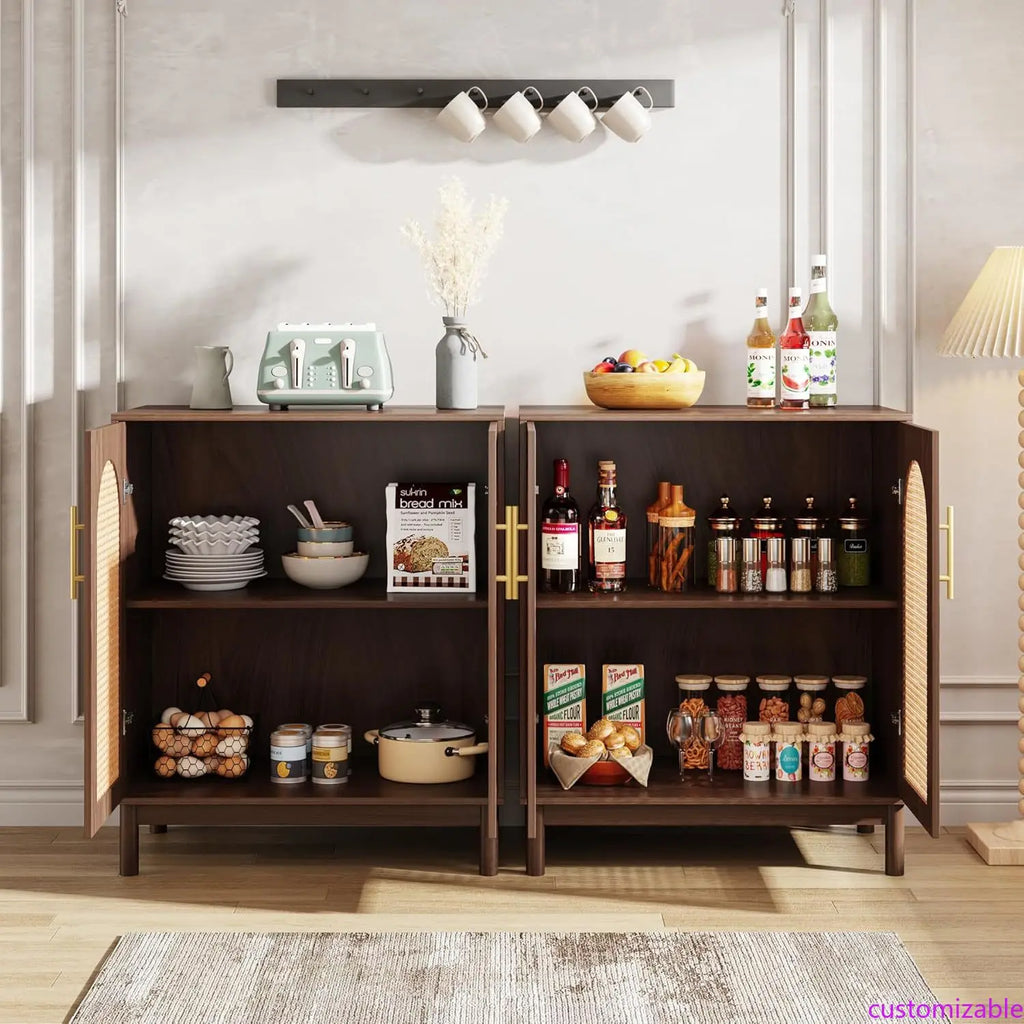 NEW Set of 2 Rattan Sideboard Buffet Cabinet with Storage, 59 Inch Accent Cabinet for Dining Room, Living Room, Kitchen, Rattan