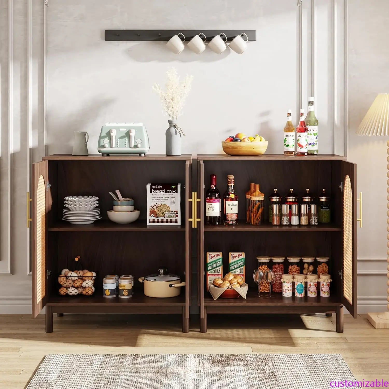 NEW Set of 2 Rattan Sideboard Buffet Cabinet with Storage, 59 Inch Accent Cabinet for Dining Room, Living Room, Kitchen, Rattan