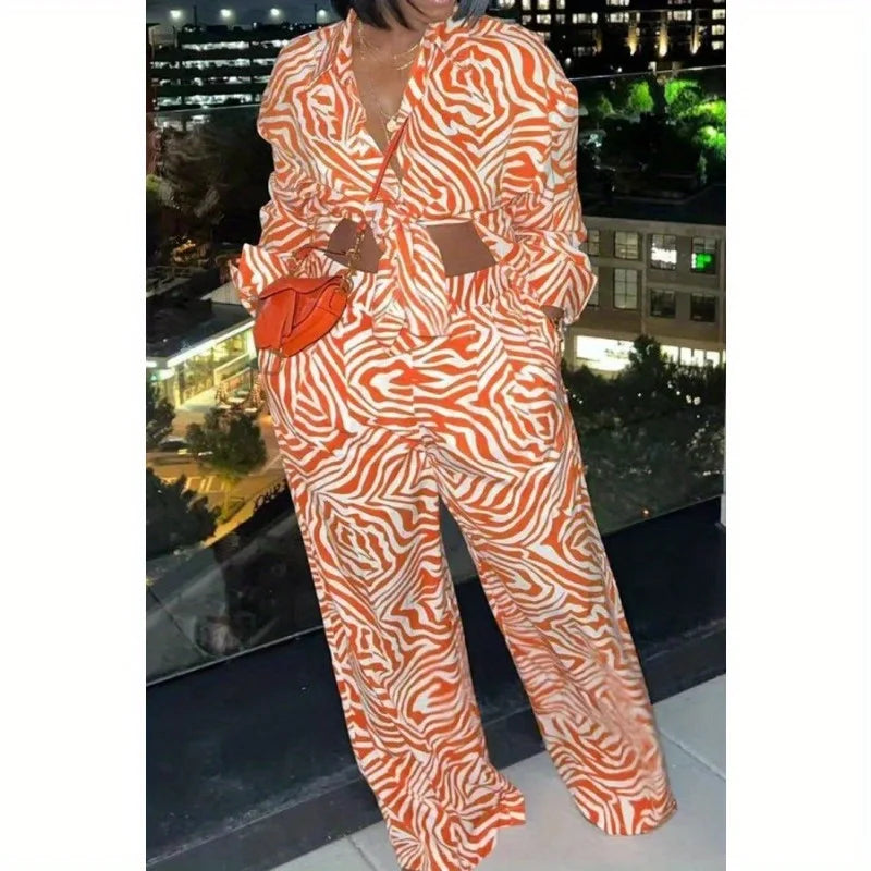 Orange Patterned Intellectual High-end Fashion Shirt Plus Size Set 2-piece Set