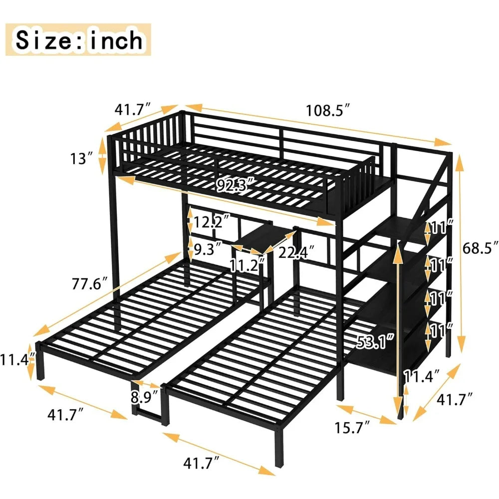 Triple Bunk Bed for Three Children, Sturdy with Storage Steps, Desk, and Safety Rails
