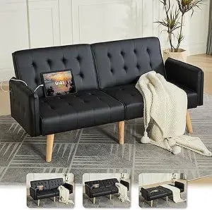 65-inch Wide Velvet Modern Convertible Futon Sofa Bed with USB Charging Ports and Arms, Ideal for Compact Living Spaces
