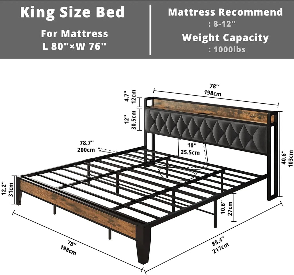 ANCTOR Twin-XL/Full/Queen/King Bed Frames, Storage Headboard with Outlets, No Noise, No Box Springs Needed