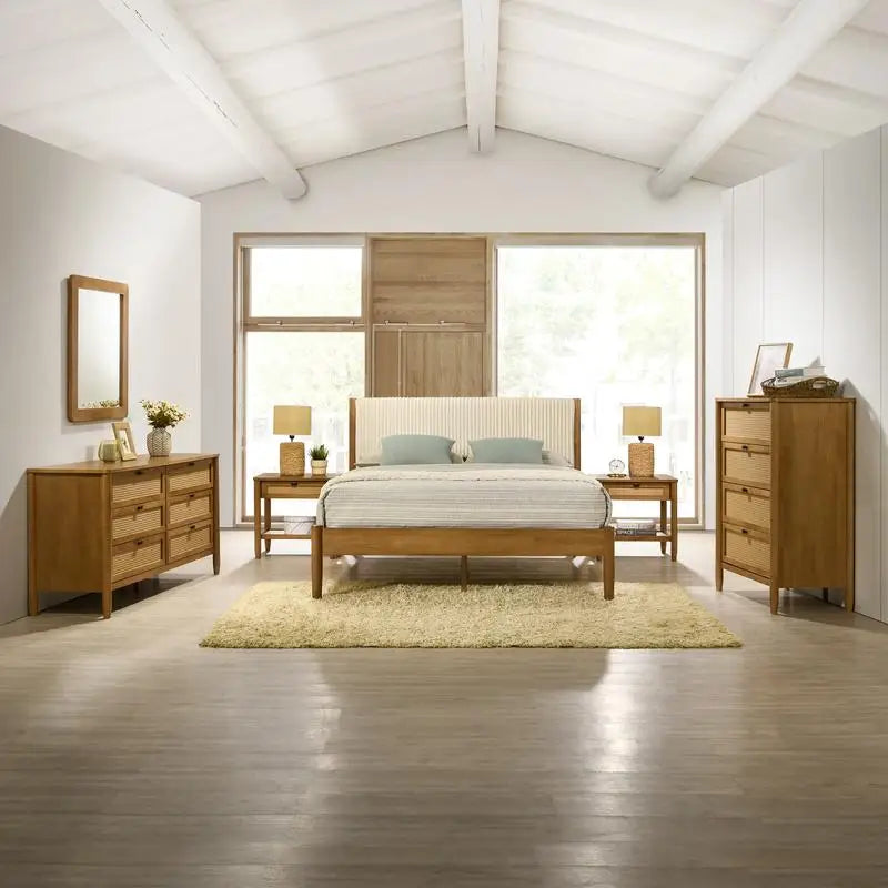6-Piece Rubberwood Bedroom Set with Upholstered Queen Bed, Dresser, Mirror, 2 Nightstands, and Chest