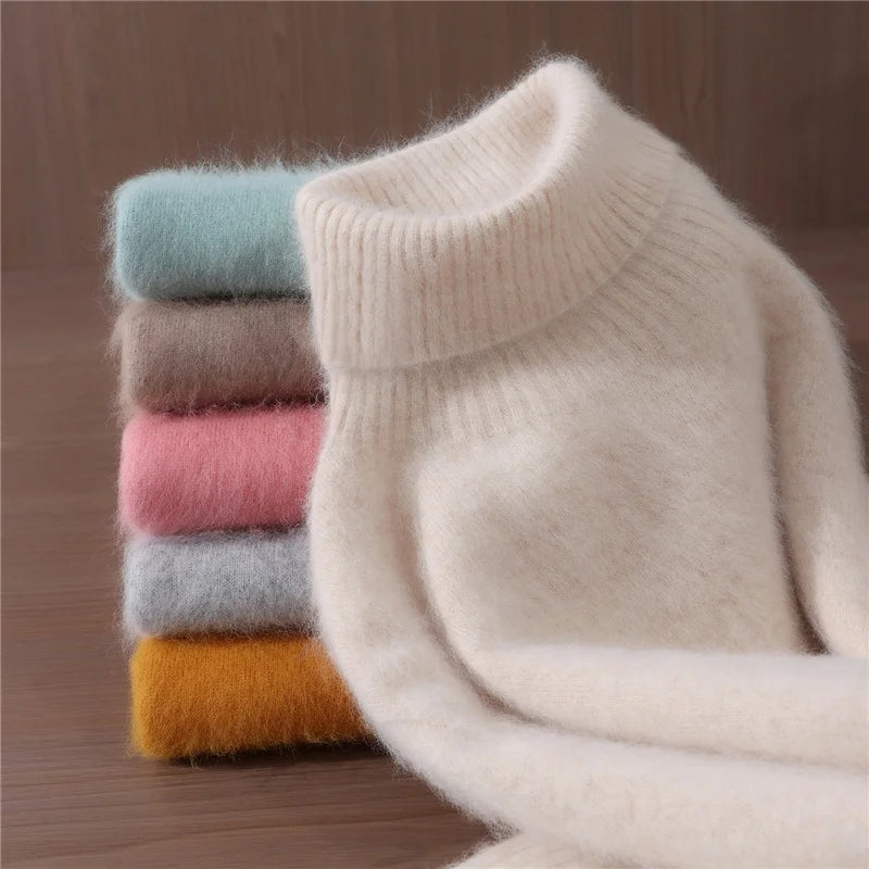 Autumn And Winter 100% Mink Cashmere Sweater, Ladies' High Lapel Solid Color Padded Pullover Wool Knitted Bottoming Shirt